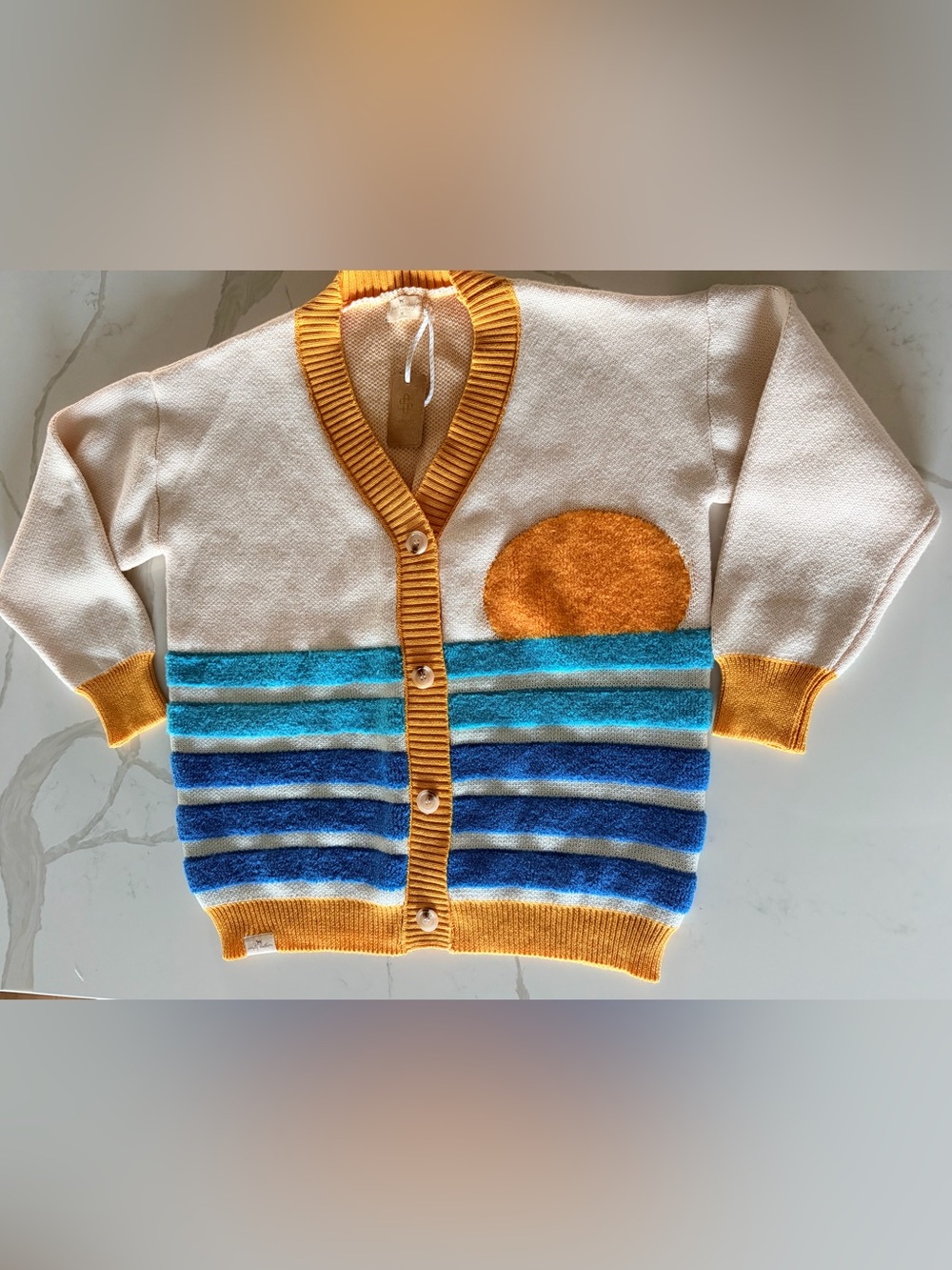 Simply Southern Cream Cardigan with Gold Trim & Blue Stripes